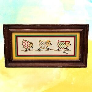 Vintage Cross Stitch Chicken Art Farmhouse Kitchen Wall Decor
